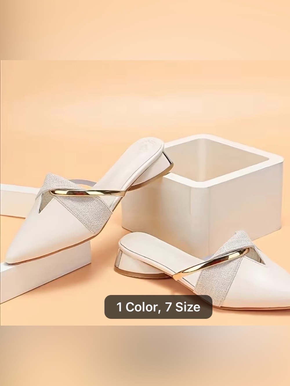Pointed Toe White Slip-On Mule with Gold Accent